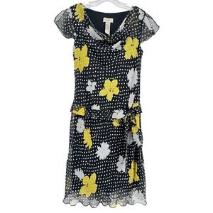 Vintage Ombre Black Polka Dot Floral Chiffon Dress Flutter Sleeve Sz 9/10